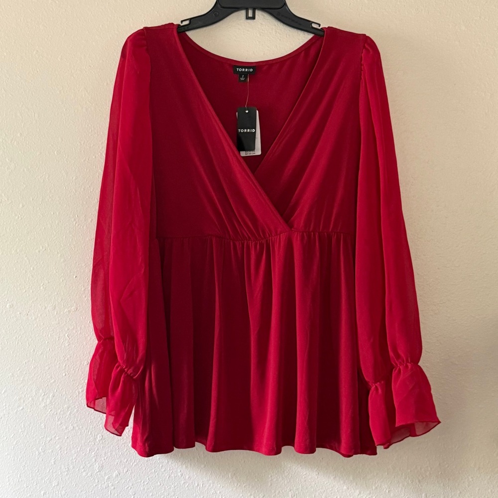 Torrid Red ITY Surplice Babydoll Top Sheer Ruffle Sleeve 19167086 Womens 2 2X